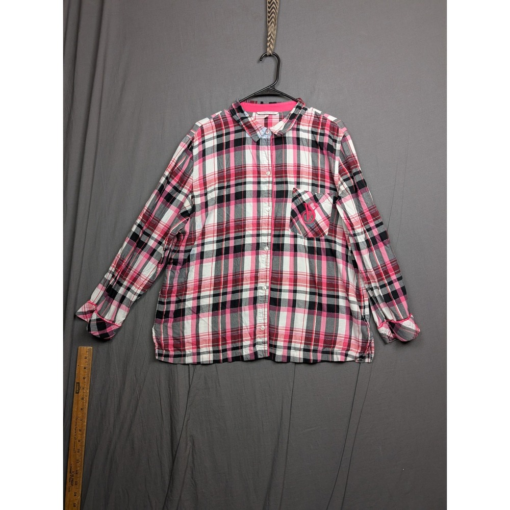Victoria's Secret Pink Plaid Flannel Pajama Top Women's Large Long Sleeve Button